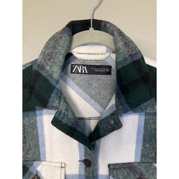 ZARA Oversize Plaid Shacket Wool Blend Jacket Women M Green White Flannel Layer - Picture 3 of 16